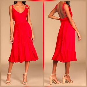 Lulus Never a Dull Moment Bright Red Tie-Strap Pleated Midi Dress, Size XL